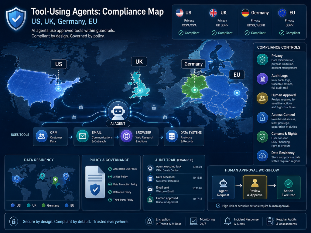 Tool-Using Agents compliance map for US UK Germany and EU businesses