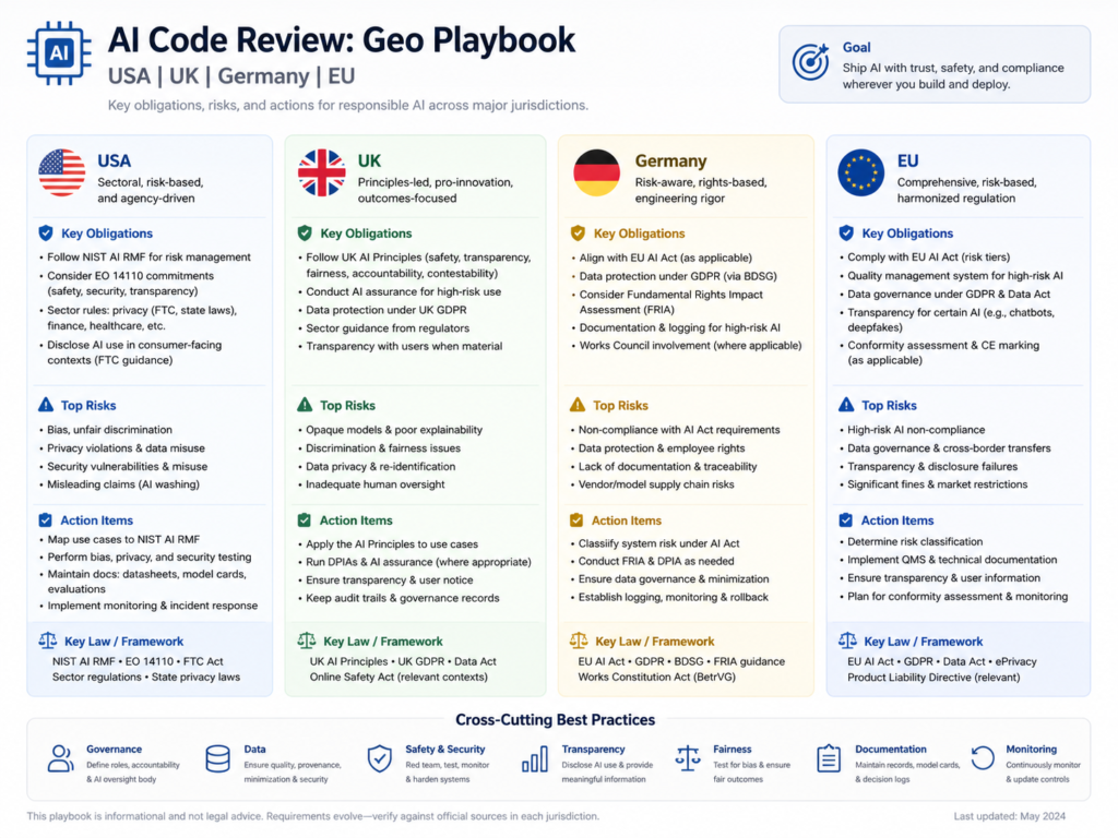 AI code review GEO playbook for USA UK Germany and EU compliance