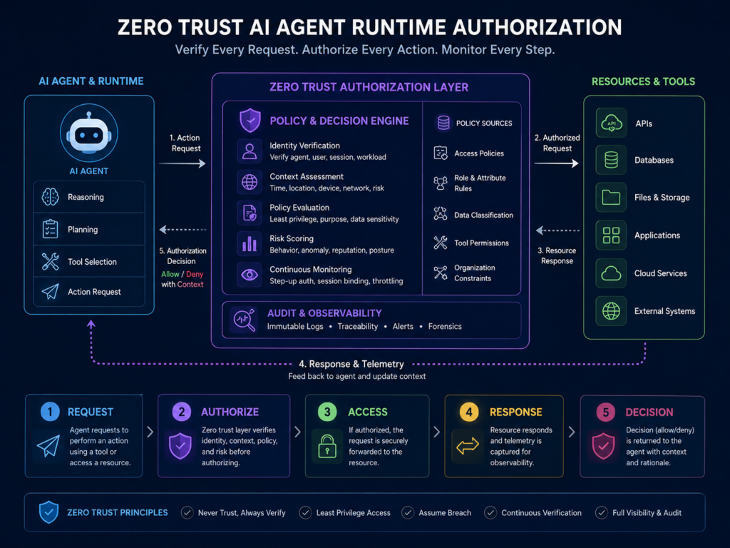 Zero trust AI agent identity security runtime authorization workflow