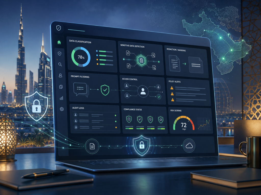 AI data leakage prevention controls dashboard with DLP, CASB, endpoint security, and prompt monitoring