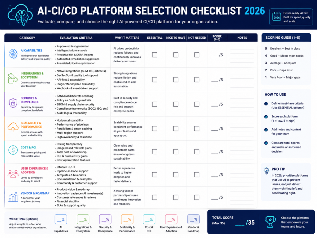 AI CI/CD automation platform selection checklist for DevOps buyers