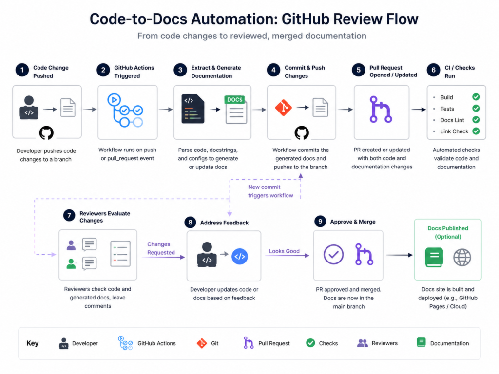 AI for documentation using code-to-docs automation with GitHub review workflows