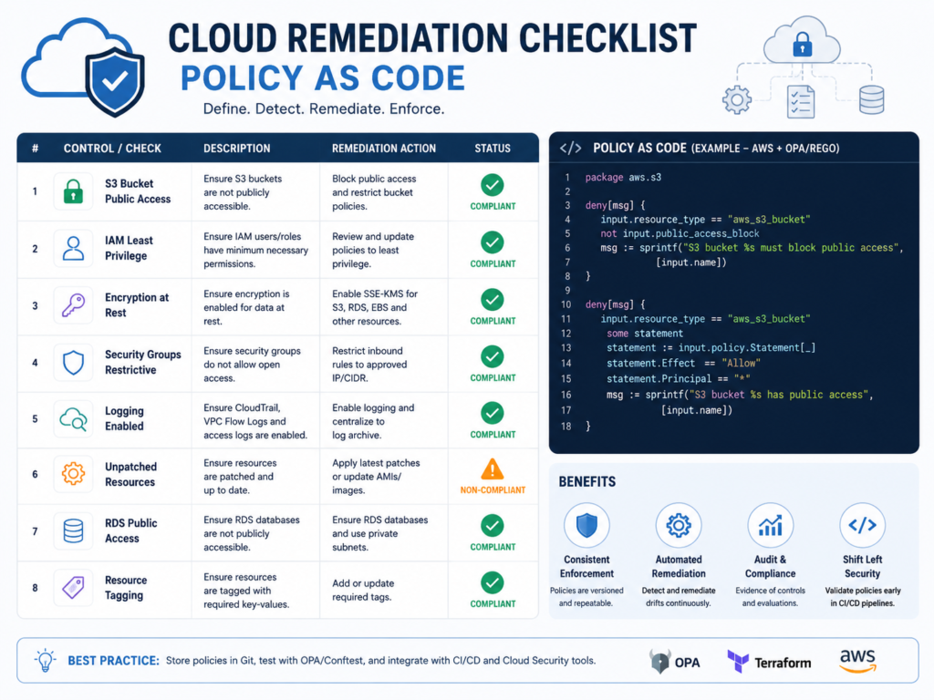 Cloud misconfiguration fixes checklist with policy-as-code guardrails