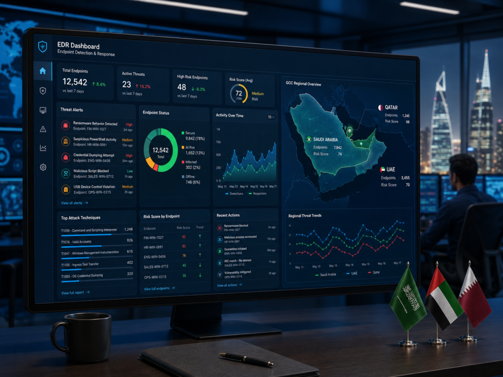 Endpoint security setup dashboard with EDR alerts for Saudi UAE and Qatar teams