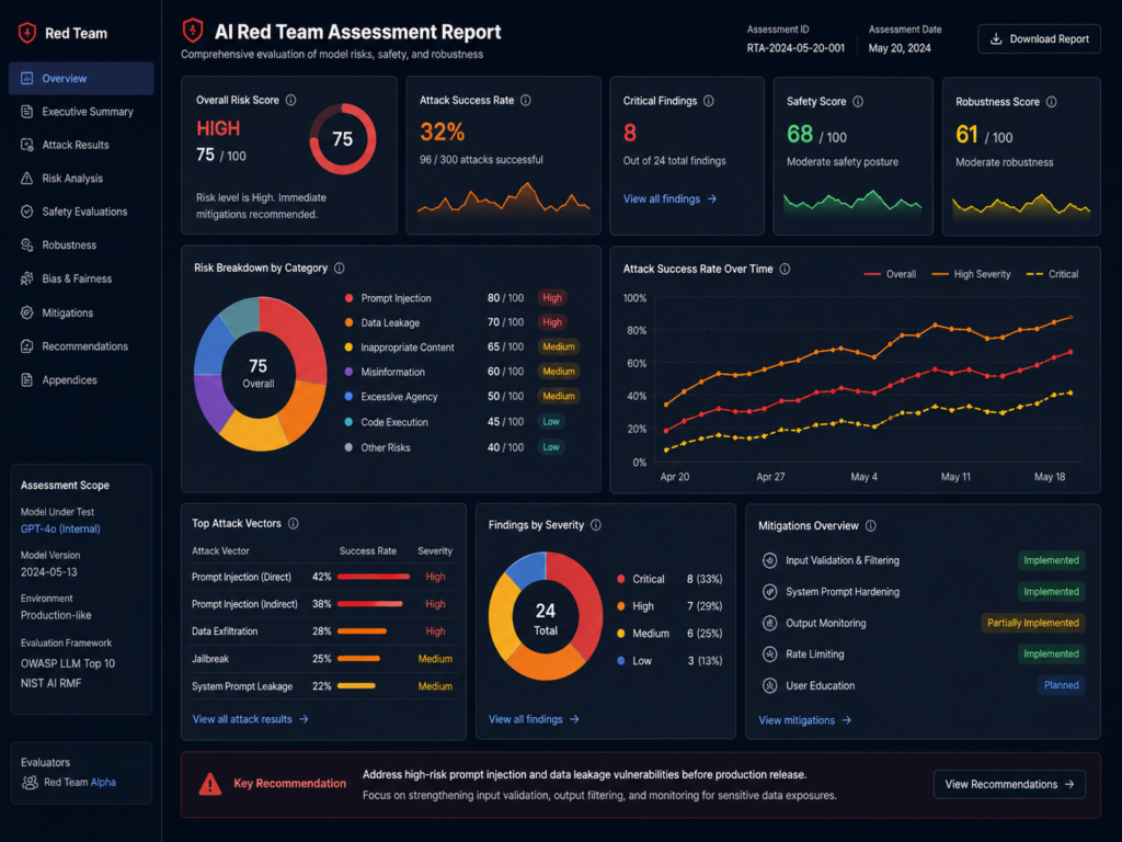 AI red teaming assessment report dashboard for GenAI security findings