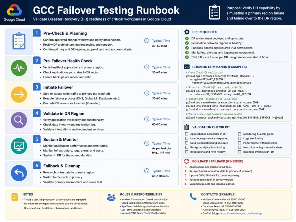 Cloud disaster recovery GCC failover testing runbook for Saudi, UAE, and Qatar teams