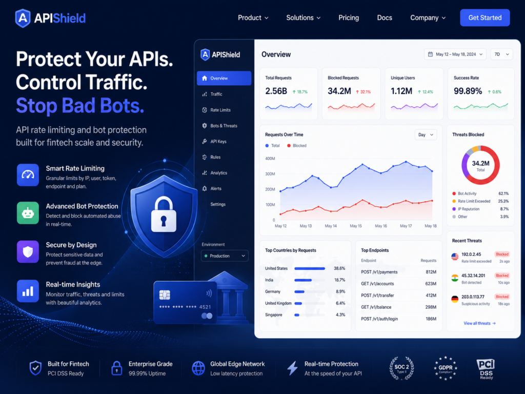 API security best practices 2026 showing rate limiting and bot protection for SaaS fintech and healthcare APIs