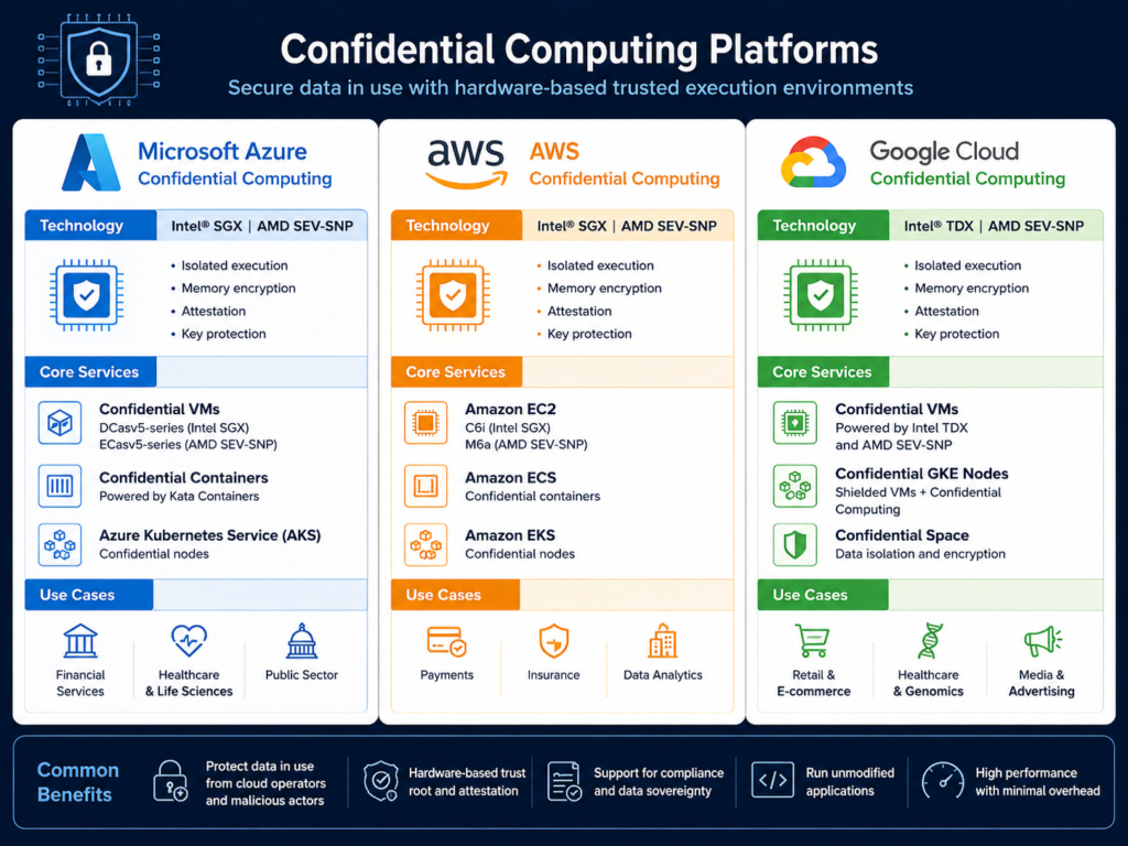 Confidential computing platforms compared across Azure, AWS, and Google Cloud