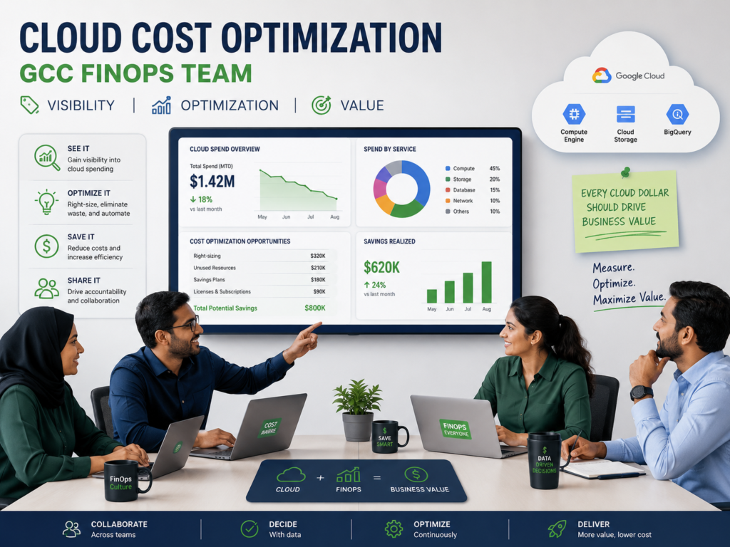 Cloud cost optimization GCC FinOps team reviewing cloud spend in Riyadh Dubai and Doha