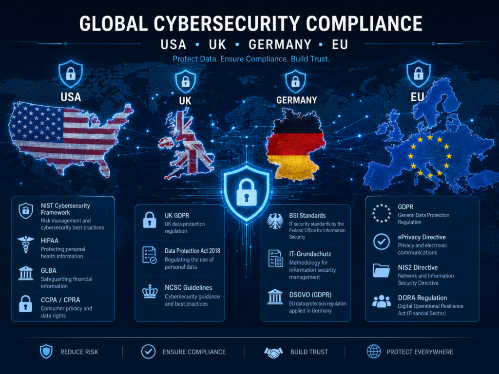 Preemptive cybersecurity compliance map for USA UK Germany and EU
