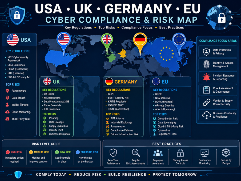 AI-powered cyber attacks compliance risk map for USA, UK, Germany, and EU