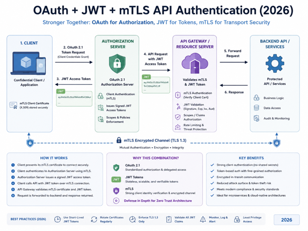 API security best practices 2026 for OAuth JWT mTLS and least privilege authorization