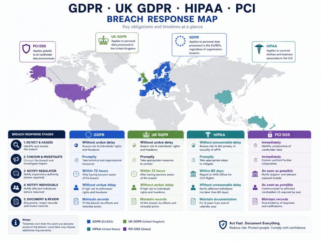 Cyber incident response checklist for GDPR, UK GDPR, HIPAA, and PCI DSS breach rules