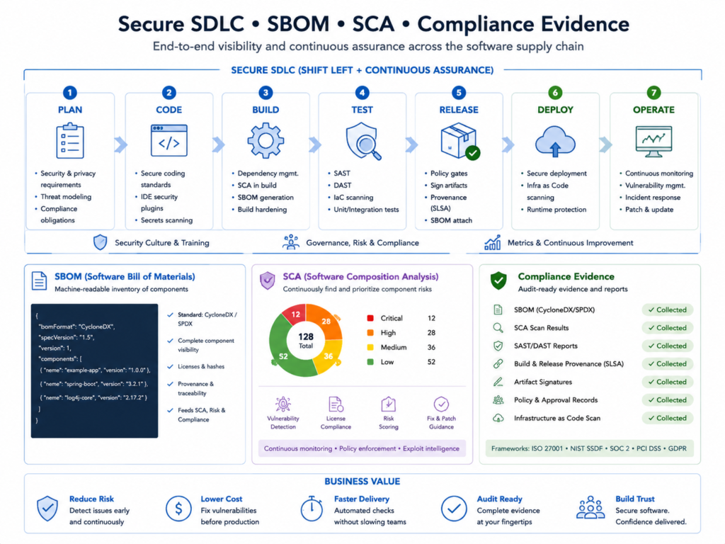 Software supply chain security secure SDLC with SBOM, SCA, and compliance evidence