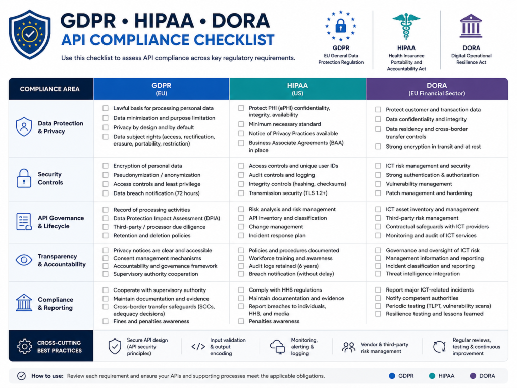 API security best practices 2026 compliance checklist for GDPR HIPAA PCI DSS DORA and NIS2