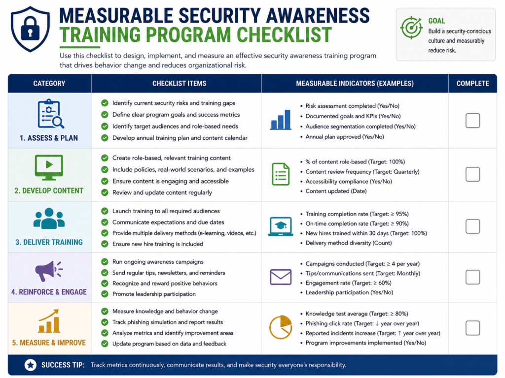 Measurable security awareness training program checklist for employees