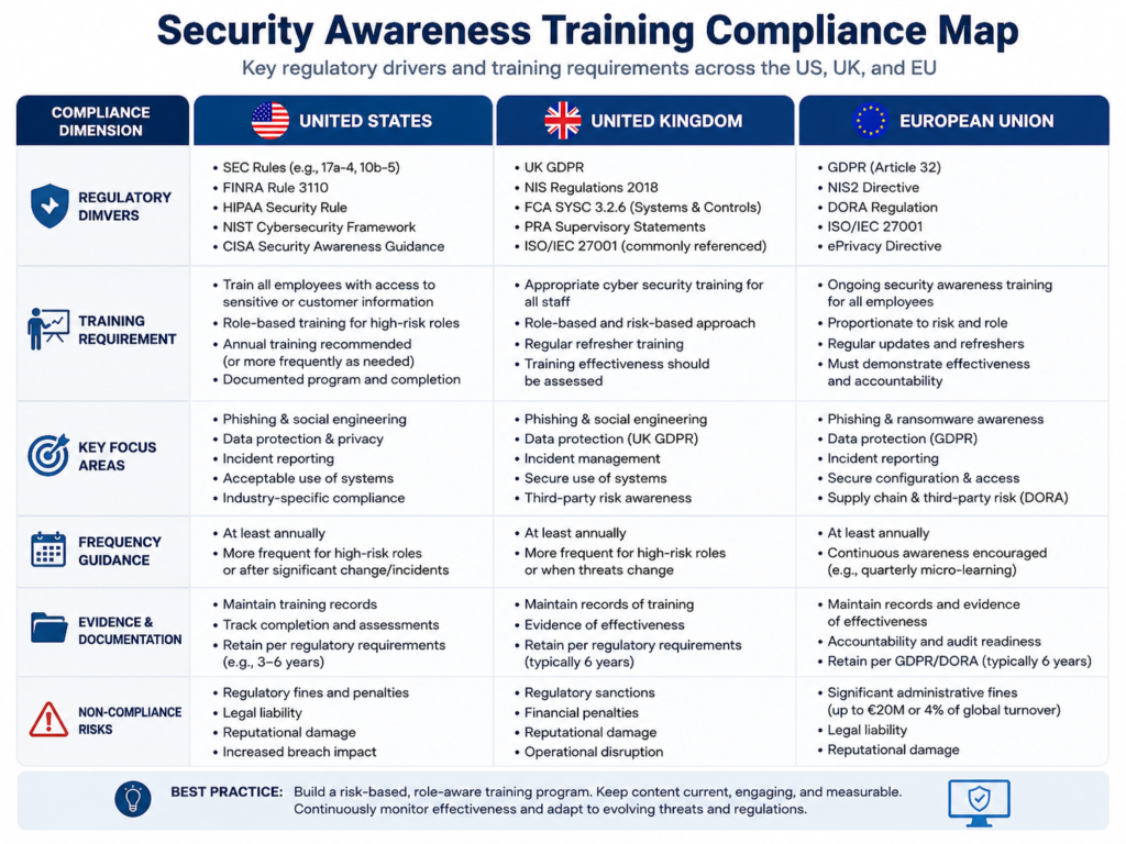 Security awareness training compliance map for HIPAA, UK GDPR, GDPR, NIS2 and DORA