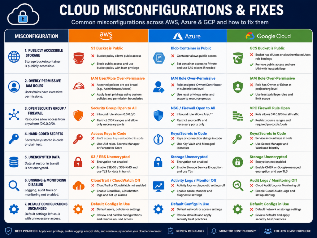 AWS Azure GCP cloud security misconfigurations fixes checklist