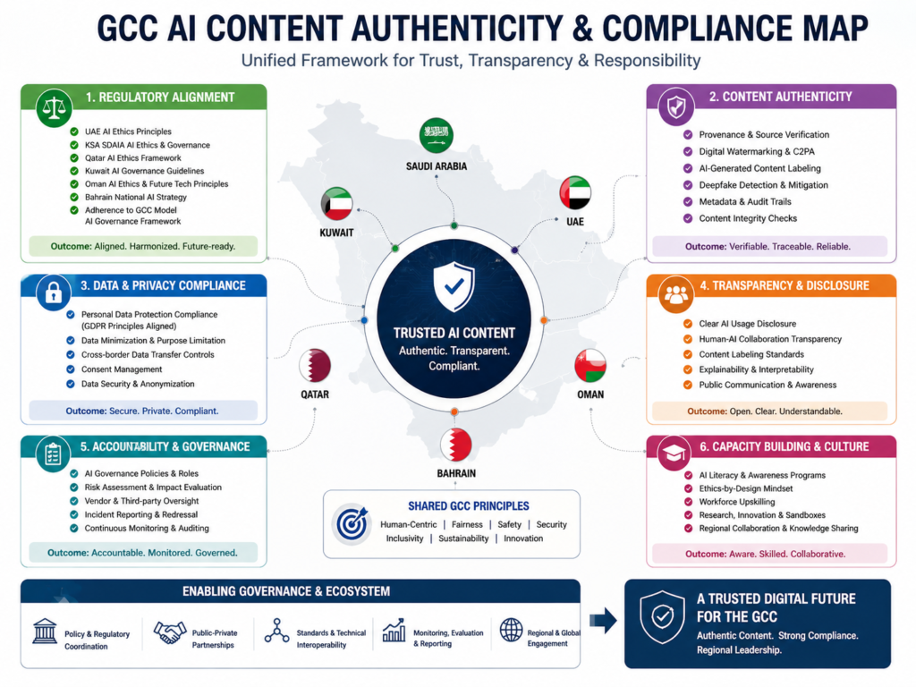 AI content authenticity compliance map for SAMA TDRA QCB and GCC regulators