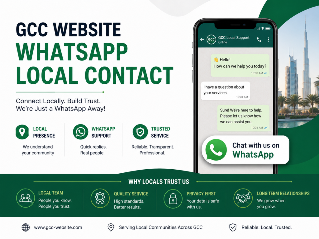 Website trust signals GCC with WhatsApp CTA, local phone numbers, office address, and Arabic customer support
