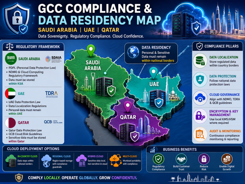 Cloud disaster recovery GCC compliance map with SAMA, TDRA, QCB, and data residency signals