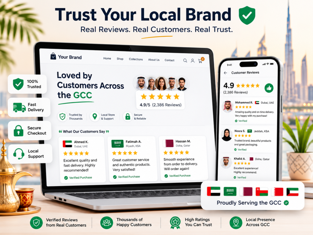 Website trust signals GCC using local reviews, client logos, Arabic testimonials, and social proof for Saudi, UAE, and Qatar buyers