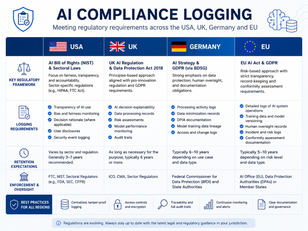 AI security monitoring compliance logging across USA, UK, Germany, and EU