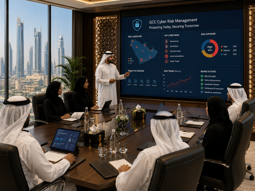 GCC board discussing cybersecurity metrics for CEOs