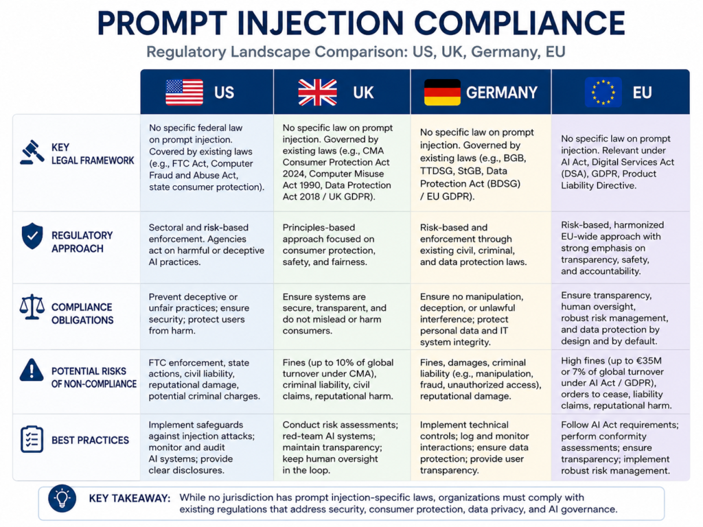 Prompt injection mitigation compliance map for USA UK Germany and EU
