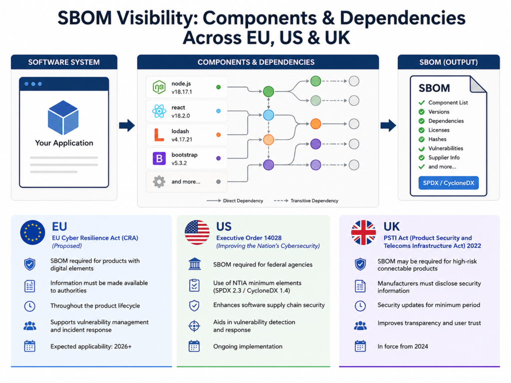 Software supply chain security SBOM visibility across components, versions, licenses, and dependencies