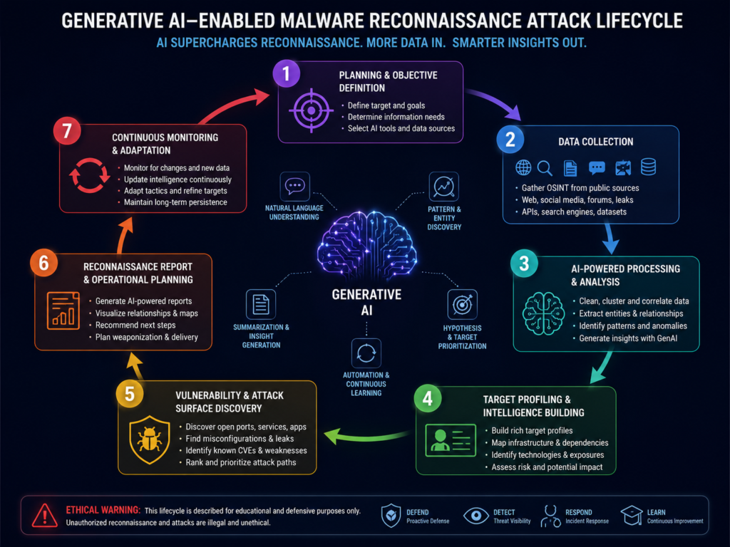Generative AI malware and reconnaissance lifecycle in AI-powered cyber attacks