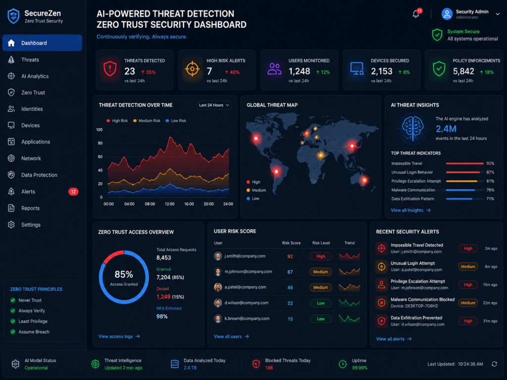 AI-powered cyber attacks detection dashboard with zero trust identity controls