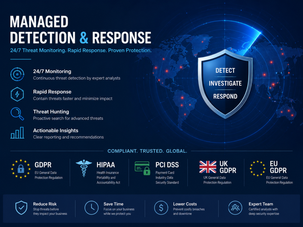 Managed detection and response compliance map for GDPR HIPAA PCI DSS UK-GDPR and DORA
