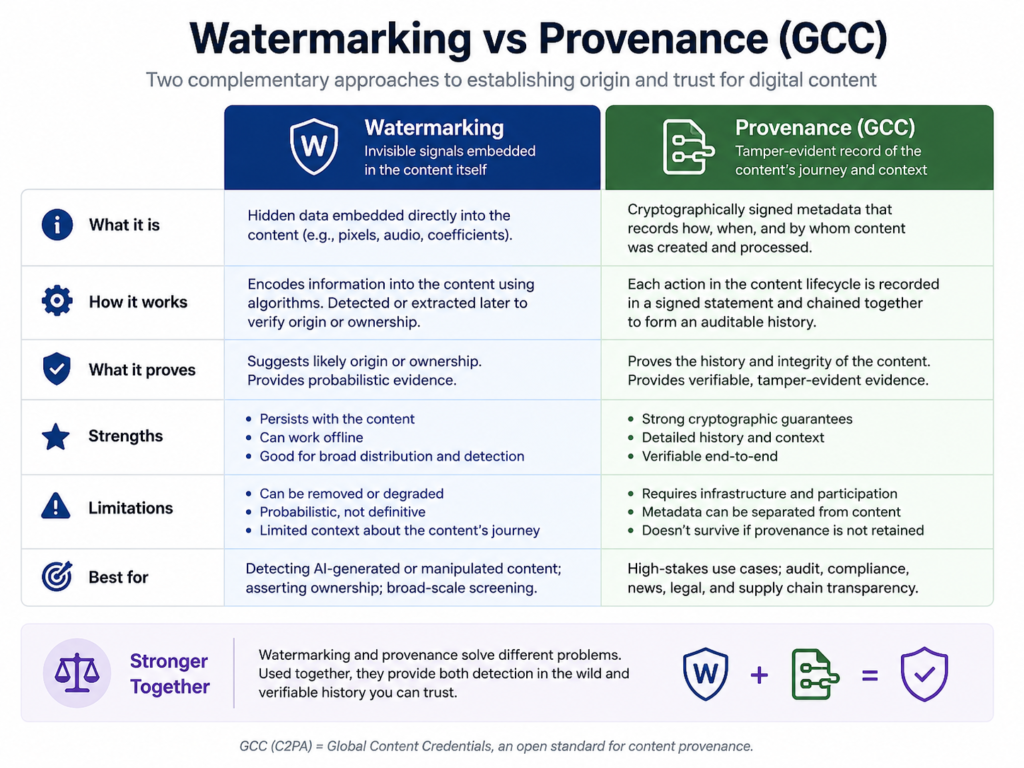 AI content authenticity comparison between watermarking and provenance in GCC