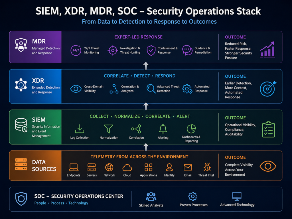 SIEM XDR MDR and SOC security operations stack diagram
