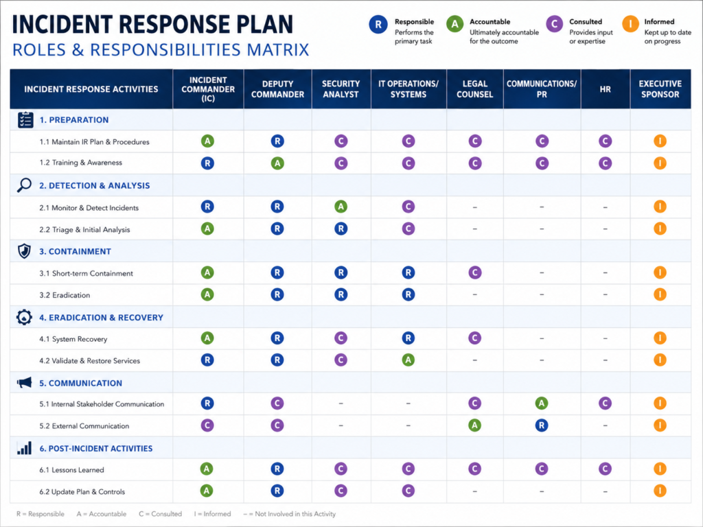 Incident response plan template roles matrix for IT, SOC, legal, compliance, and executives
