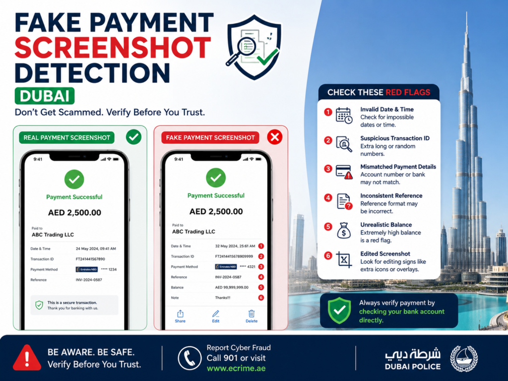 Fake payment screenshot detection Dubai support workflow