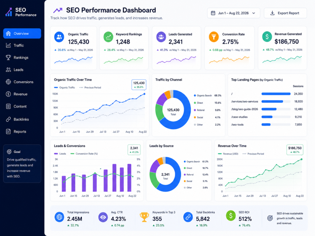 SEO case study dashboard measuring traffic leads and revenue
