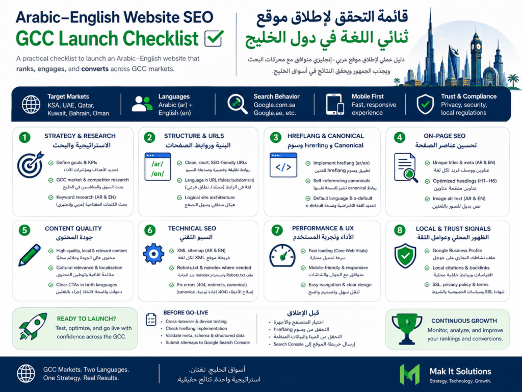 Arabic English website SEO GCC launch checklist for hreflang canonicals and localization