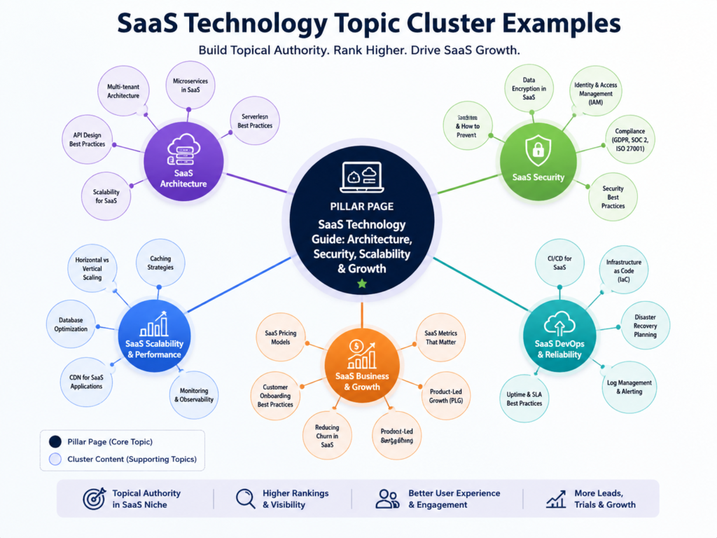 Topic clusters for SEO examples for SaaS, cloud, cybersecurity and AI