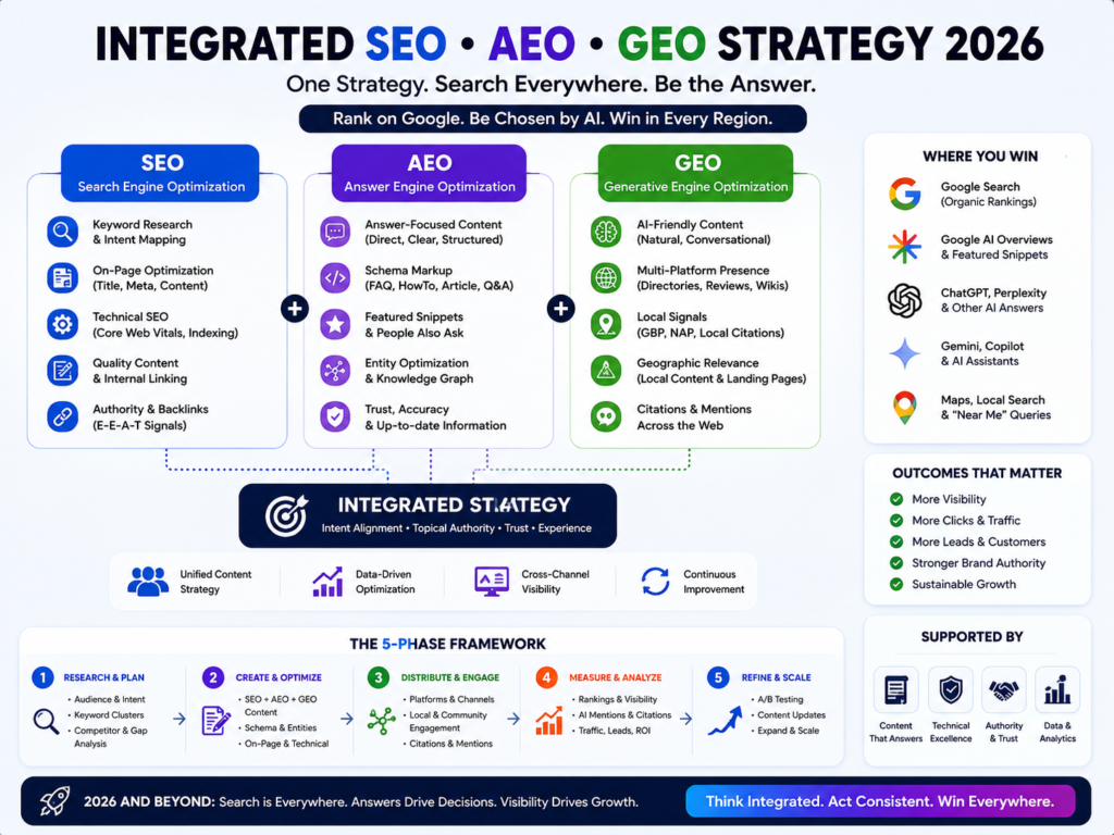Integrated AEO vs SEO vs GEO strategy framework for businesses