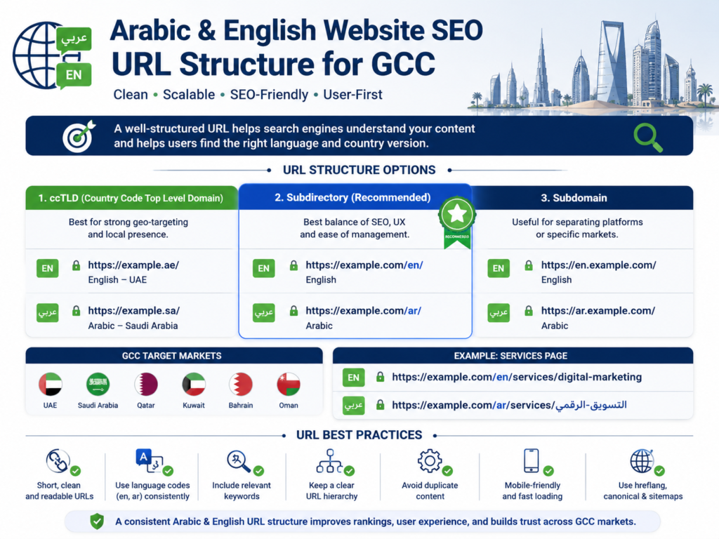 Arabic English website SEO URL structure comparison for Saudi UAE and Qatar