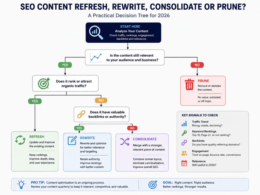 Decision framework to update old blog posts for SEO, rewrite, consolidate or prune