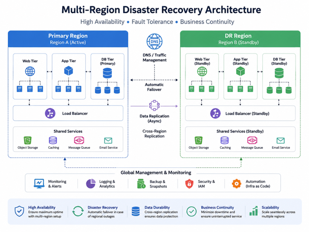 Multi-region disaster recovery architecture for cloud applications