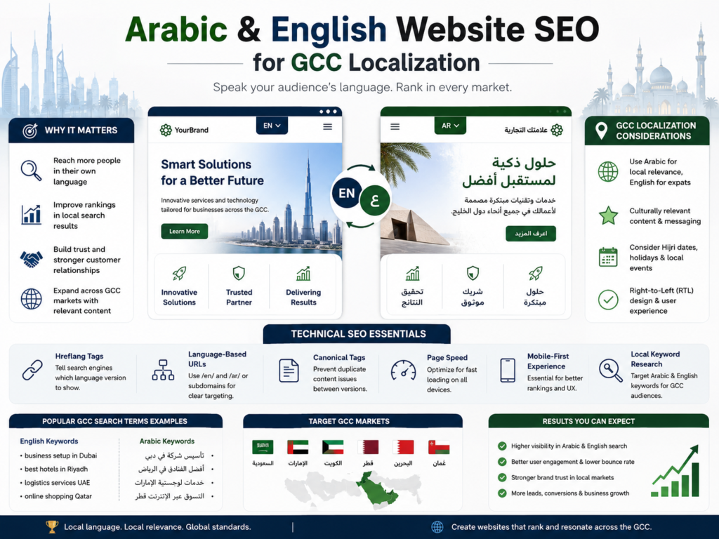 Arabic English website SEO localization examples across Saudi UAE and Qatar