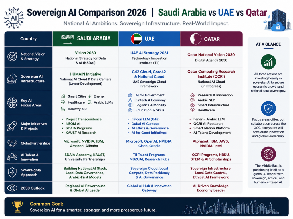 : Sovereign AI Middle East comparison for Saudi Arabia UAE and Qatar