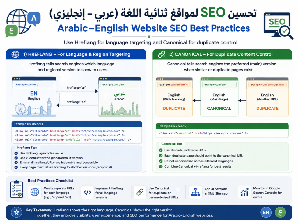 Arabic English website SEO hreflang and canonical workflow
