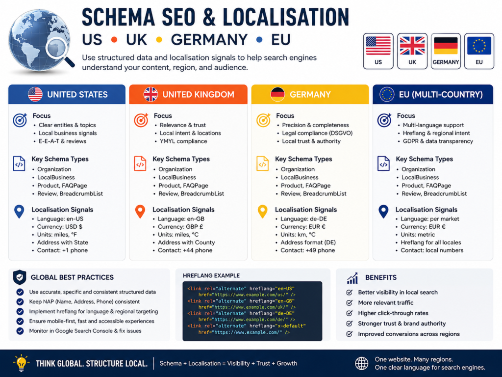 Schema markup SEO localisation for the US, UK, Germany and EU