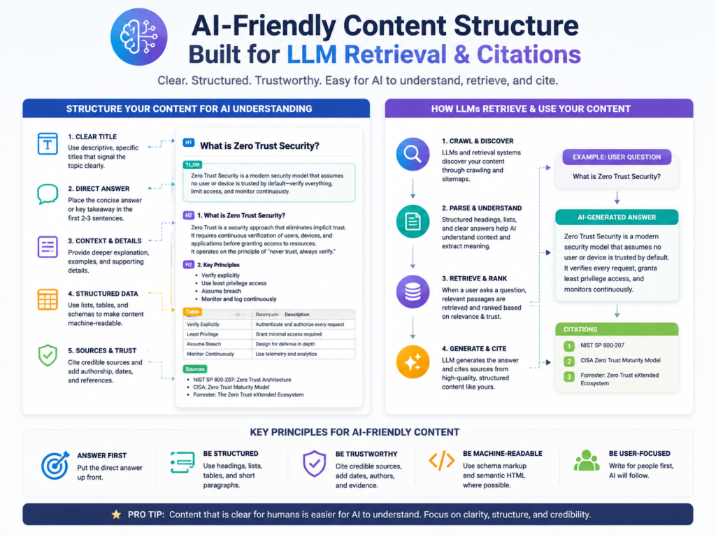 AI-friendly content structure for LLM retrieval and AI citations