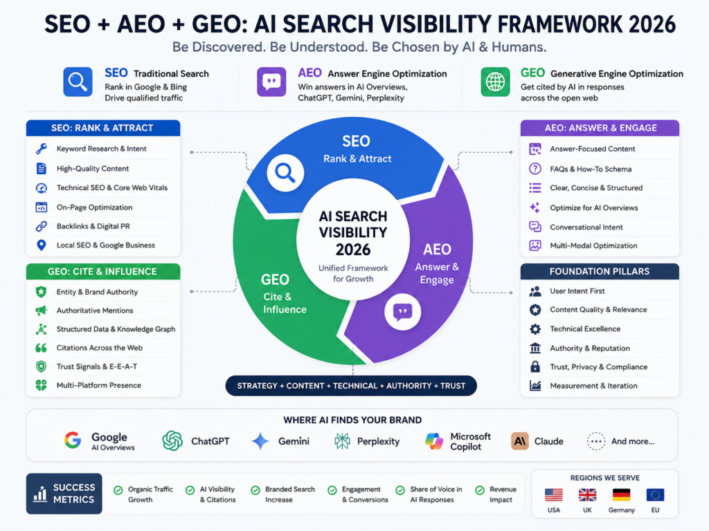 AI SEO framework comparing SEO, AEO and GEO in 2026